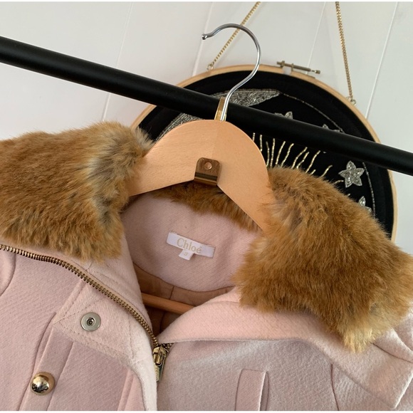 Chloé Virgin Wool Baby Pink Faux Fur Hooded Coat Girls Insulated Gold Chloe Cute - Picture 2 of 15